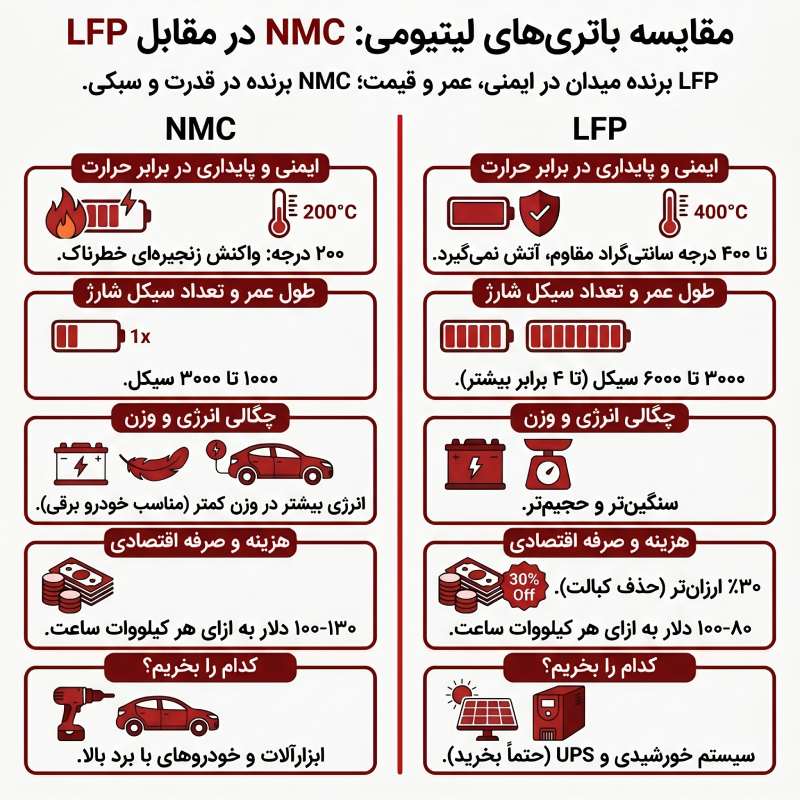 جدول مقایسه کامل تفاوت بین باتری لیتیوم کبالت منگنز با لیتیوم فسفات آهن